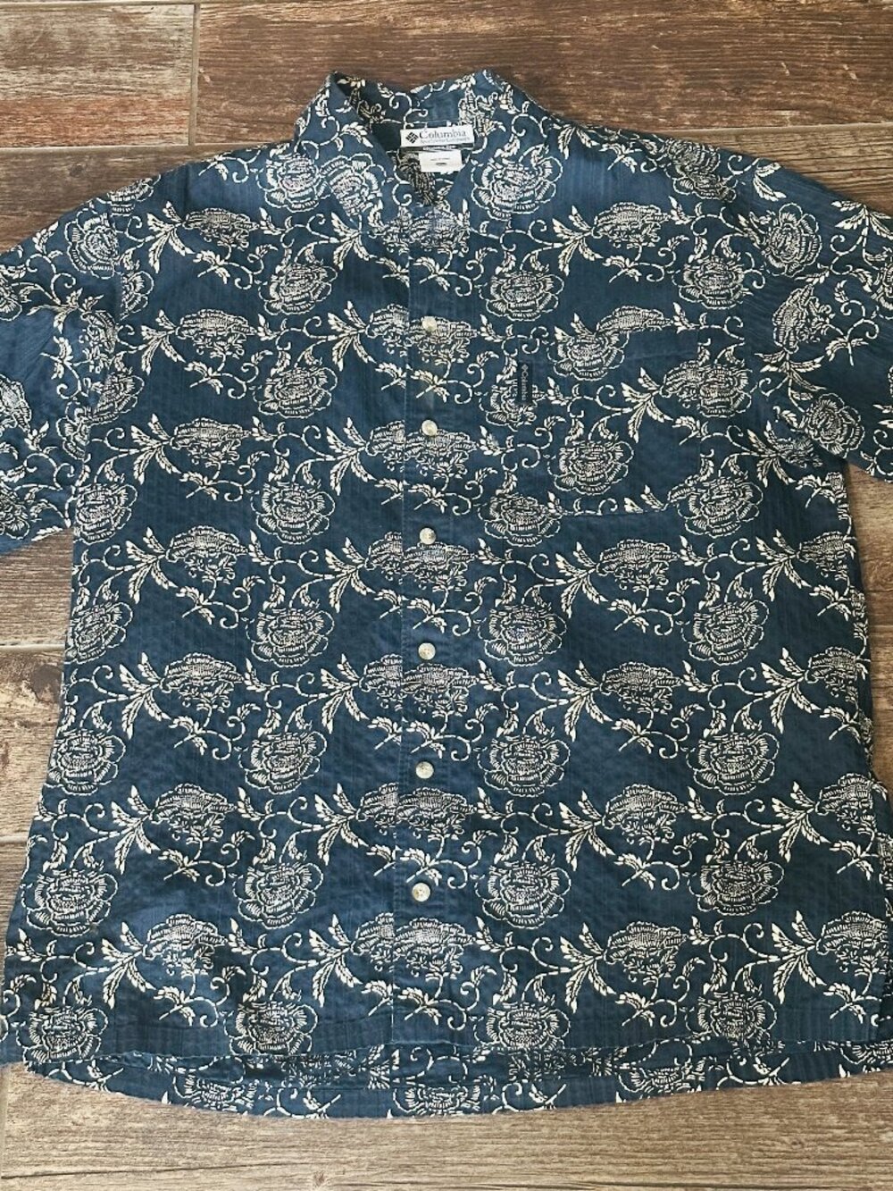 Men’s Columbia Sportswear Hawaiian Shirt Aloha Dark Blue Floral Short Sleeve XL